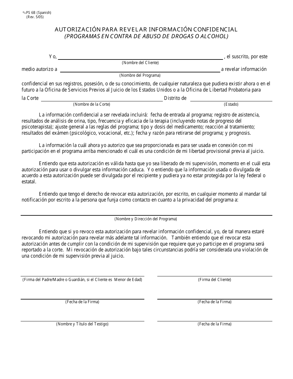 Formulario PS6B Autorizacion Para Revelar Informacion Confidencial (Programas En Contra De Abuso De Drogas O Alcohol) - Missouri (Spanish), Page 1