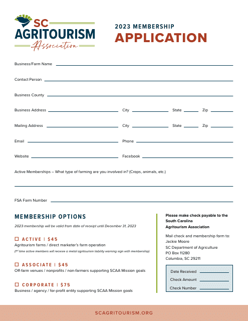 Sc Agritourism Association Membership Application - South Carolina Download Pdf