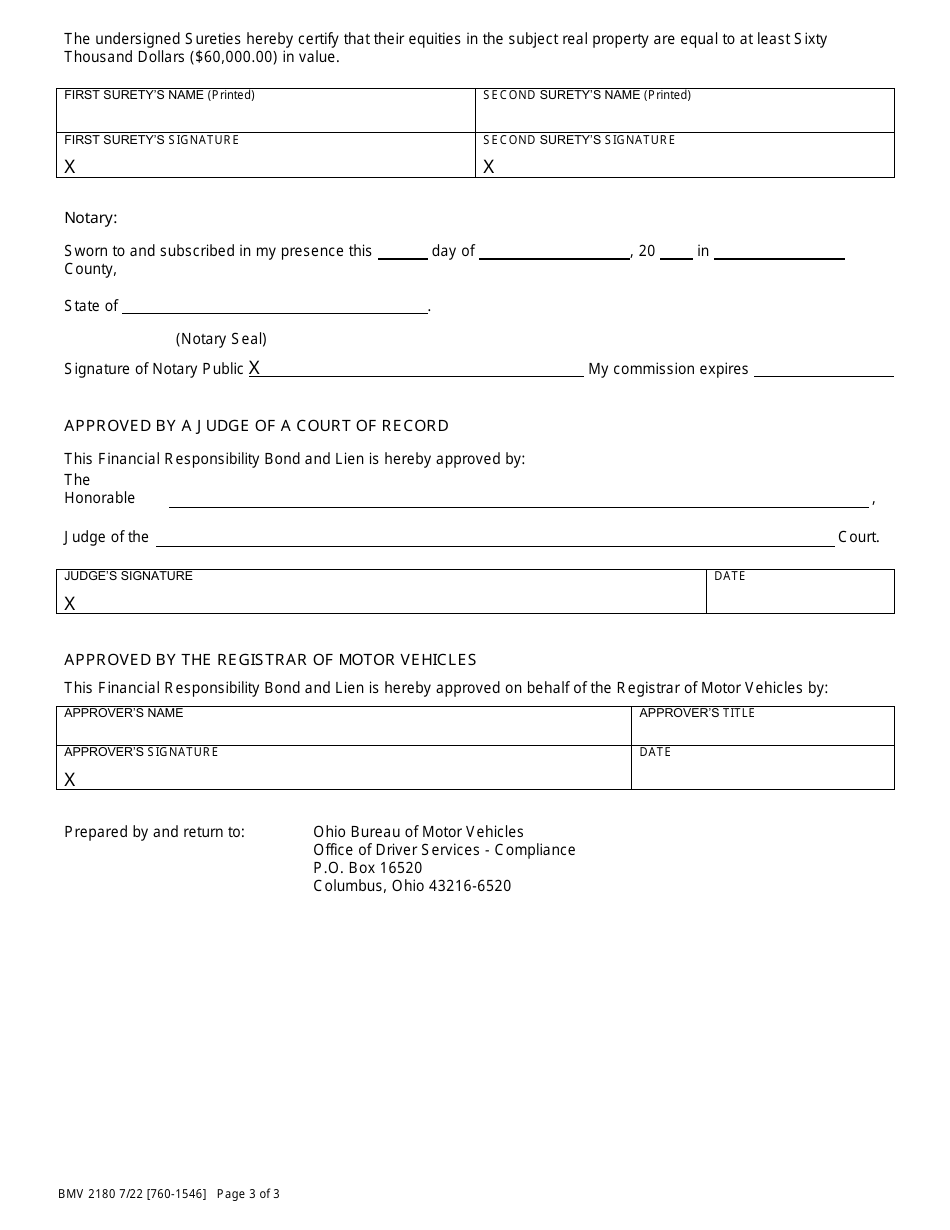 Form BMV2180 Application - Financial Responsibility Surety Bond Secured by Real Estate - Ohio, Page 3