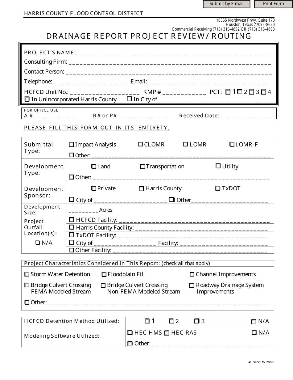 Harris County, Texas Drainage Report Project Review/ Routing Fill Out