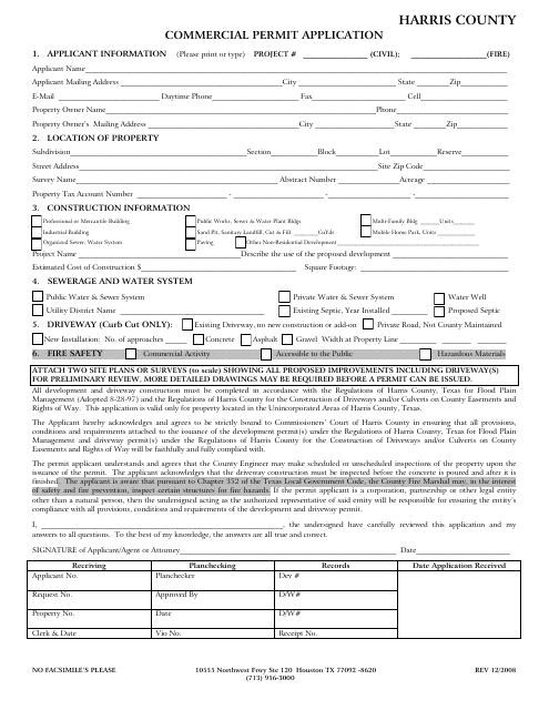 Commercial Permit Application - Harris County, Texas Download Pdf