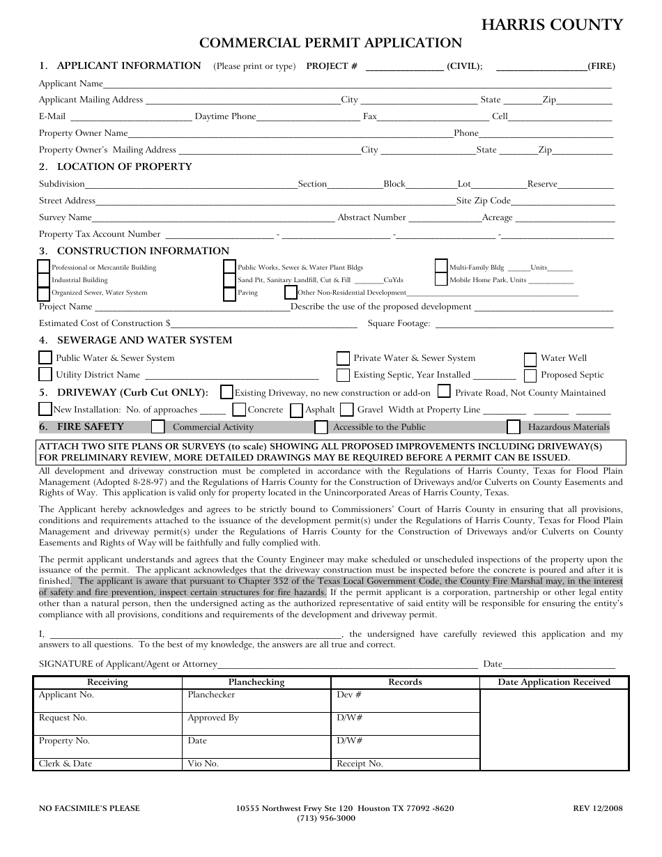 Commercial Permit Application - Harris County, Texas, Page 1