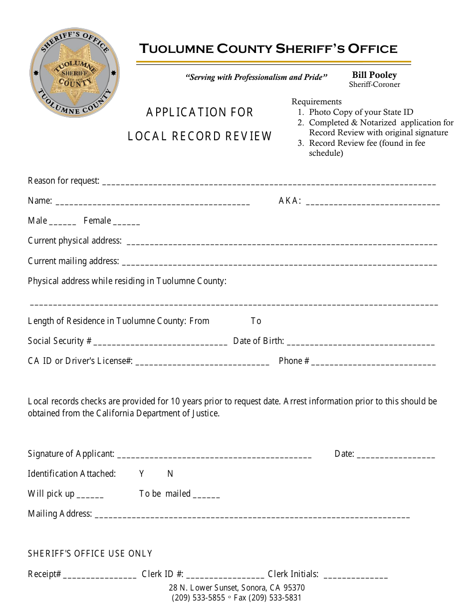Application for Local Record Review - Tuolumne County, California, Page 1