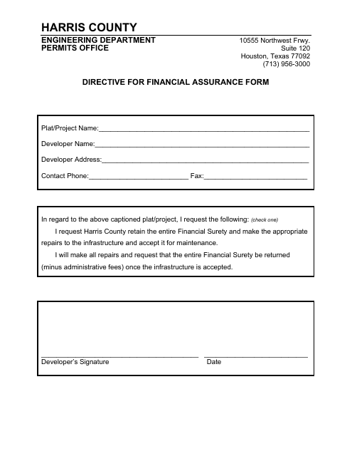 Directive for Financial Assurance Form - Harris County, Texas
