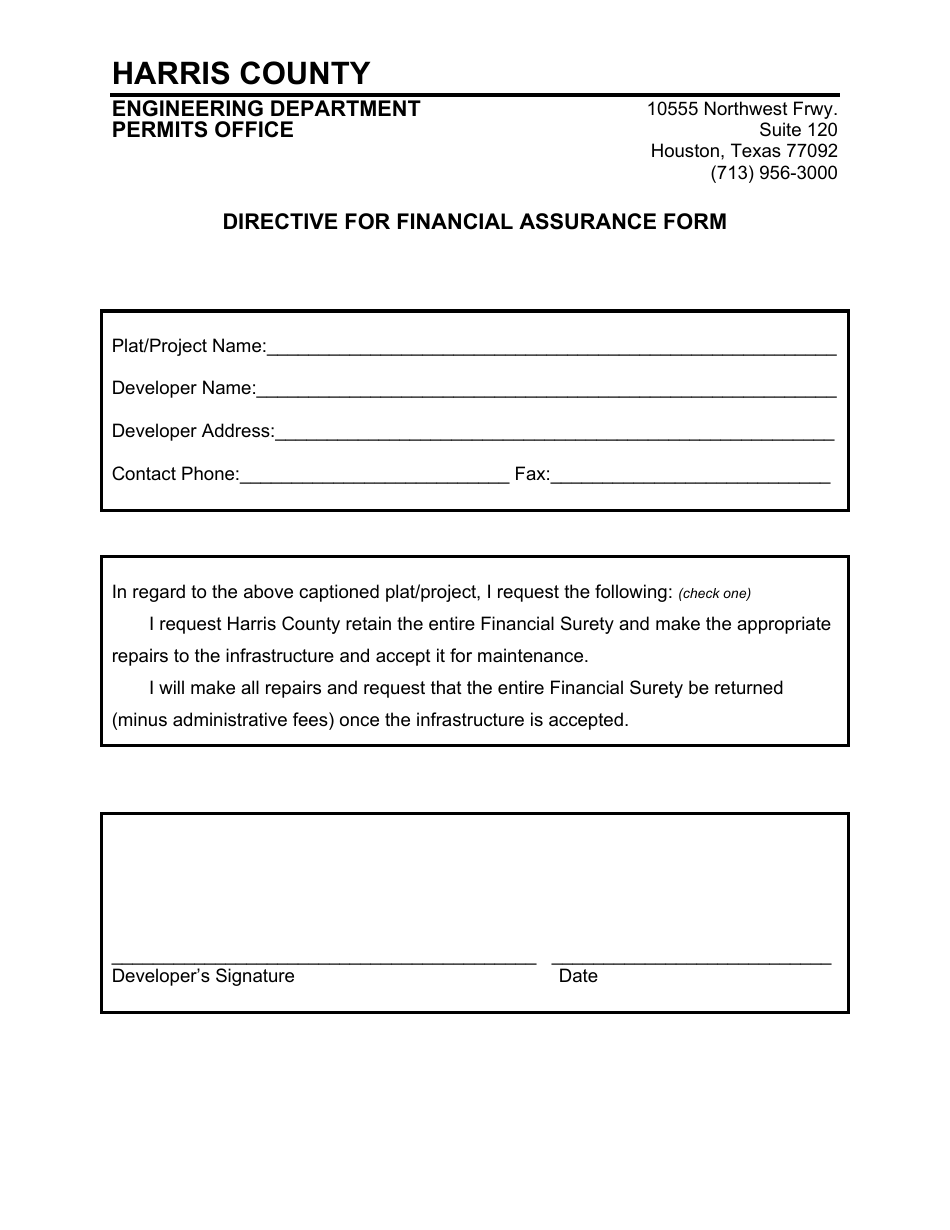Directive for Financial Assurance Form - Harris County, Texas, Page 1