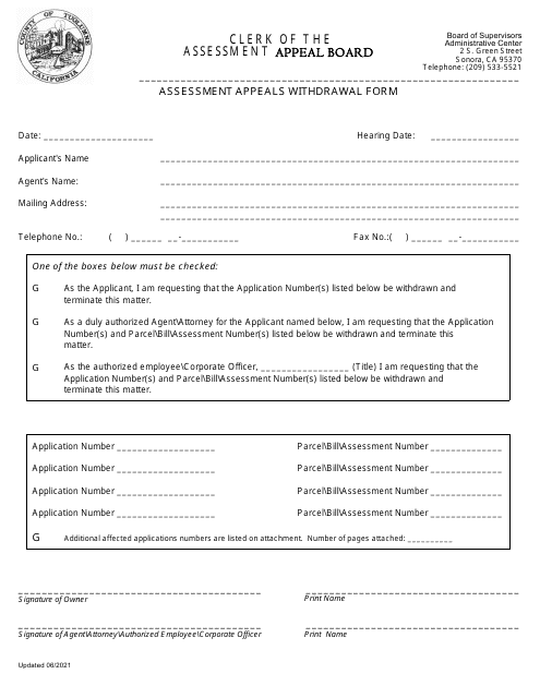 Assessment Appeals Withdrawal Form - Tuolumne County, California Download Pdf