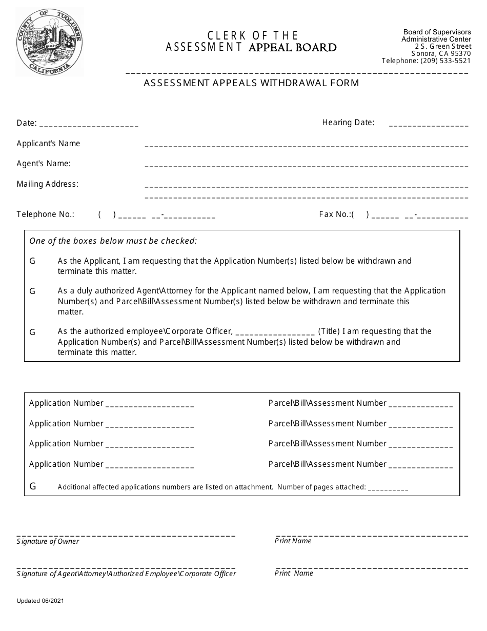 Assessment Appeals Withdrawal Form - Tuolumne County, California, Page 1