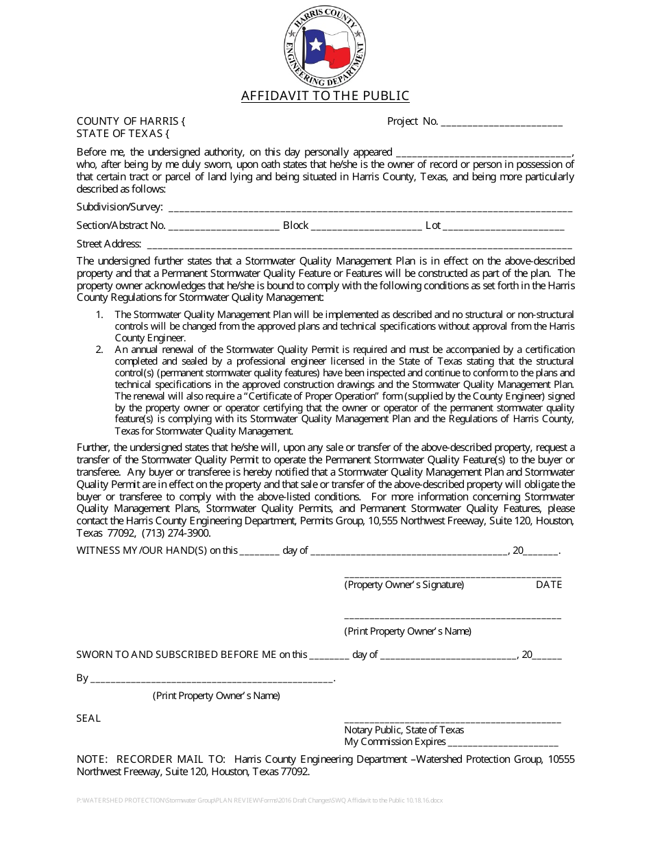 Stormwater Quality Affidavit to the Public - Harris County, Texas, Page 1
