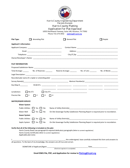 Application for Plat Approval - Harris County, Texas Download Pdf