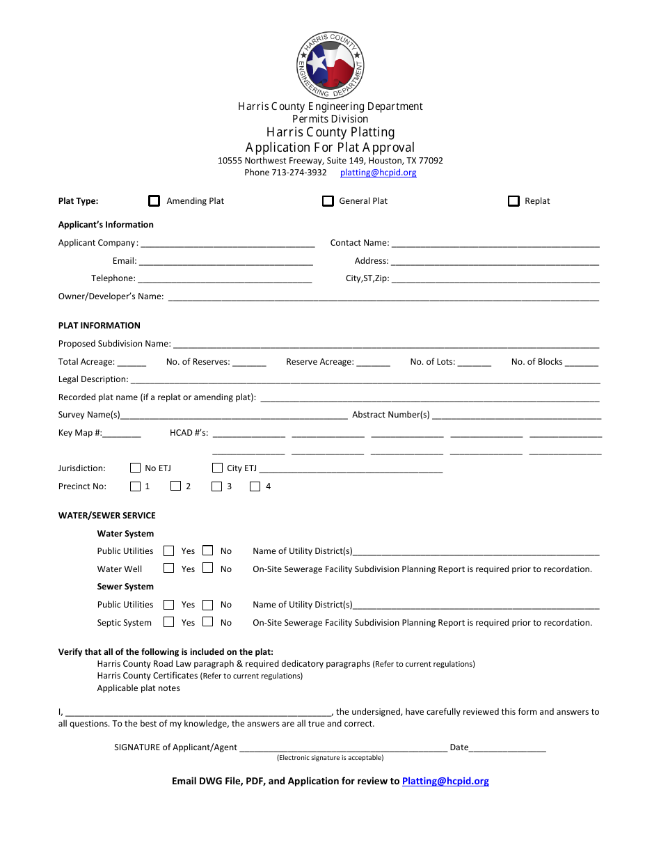 Application for Plat Approval - Harris County, Texas, Page 1