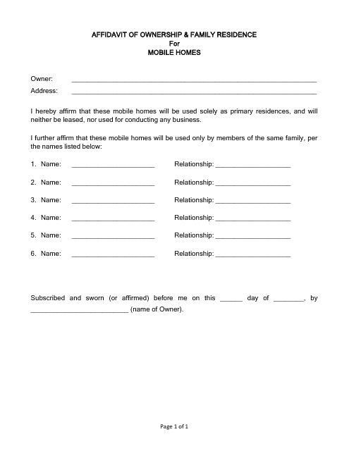 Affidavit of Ownership & Family Residence for Mobile Homes - Harris County, Texas Download Pdf