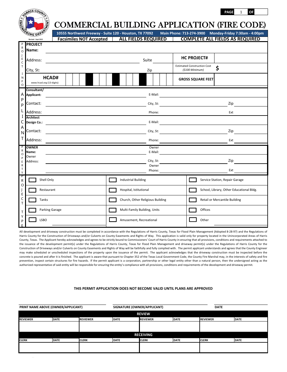 Harris County, Texas Commercial Building Application (Fire Code) Fill