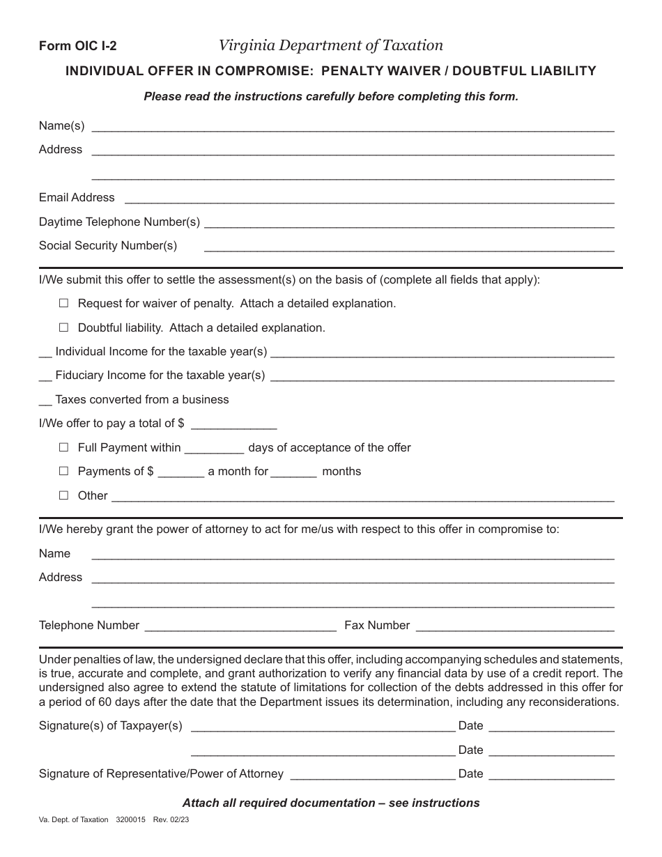 Form OIC I-2 Individual Offer in Compromise: Penalty Waiver / Doubtful Liability - Virginia, Page 1