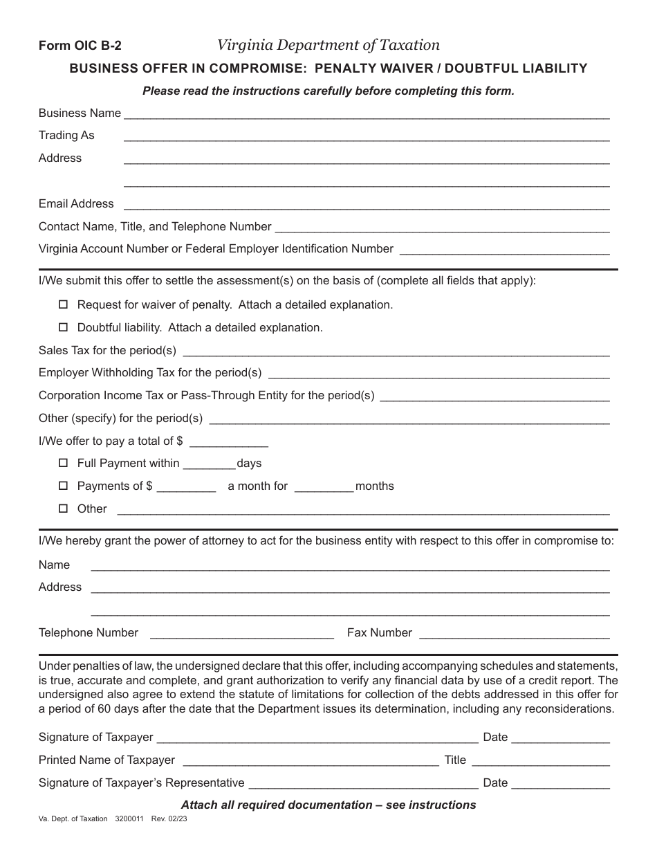 Form OIC B-2 Business Offer in Compromise: Penalty Waiver / Doubtful Liability - Virginia, Page 1