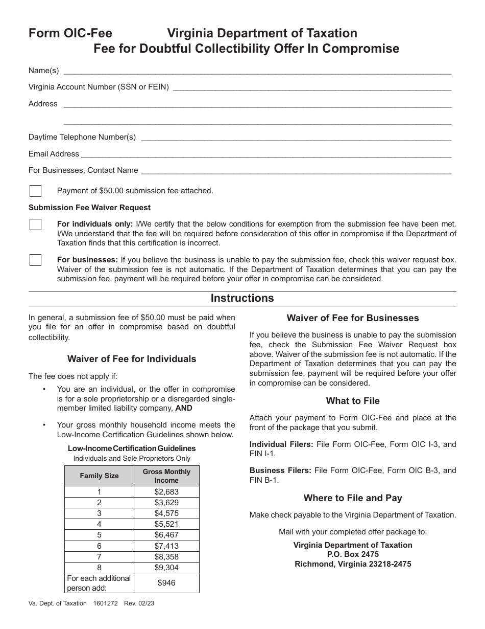 Form OIC-FEE Fee for Doubtful Collectibility Offer in Compromise - Virginia, Page 1