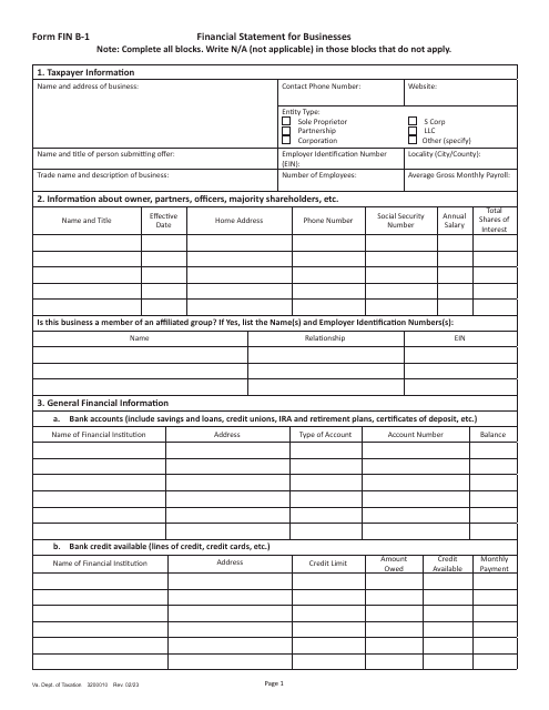 Form FIN B-1 Financial Statement for Businesses - Virginia