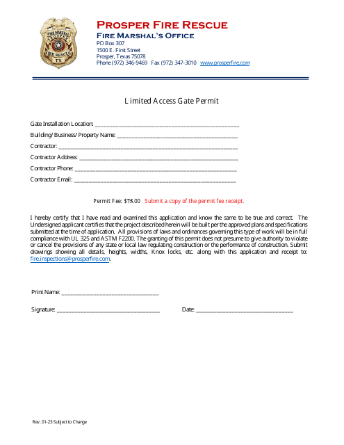 Limited Access Gate Permit - Town of Prosper, Texas Download Pdf