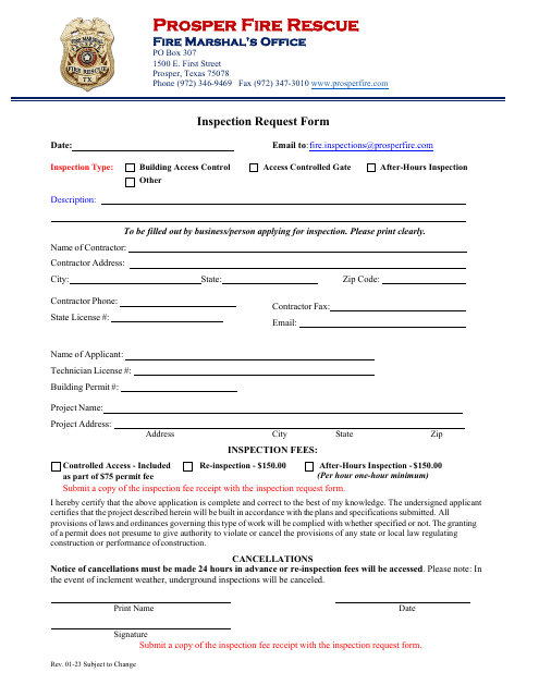 Inspection Request Form - Town of Prosper, Texas Download Pdf