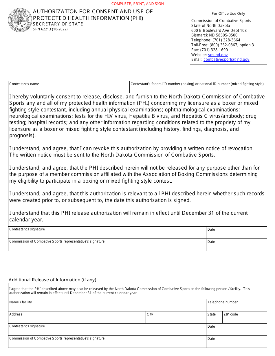 Form SFN62213 Authorization for Consent and Use of Protected Health Information (Phi) - North Dakota, Page 1