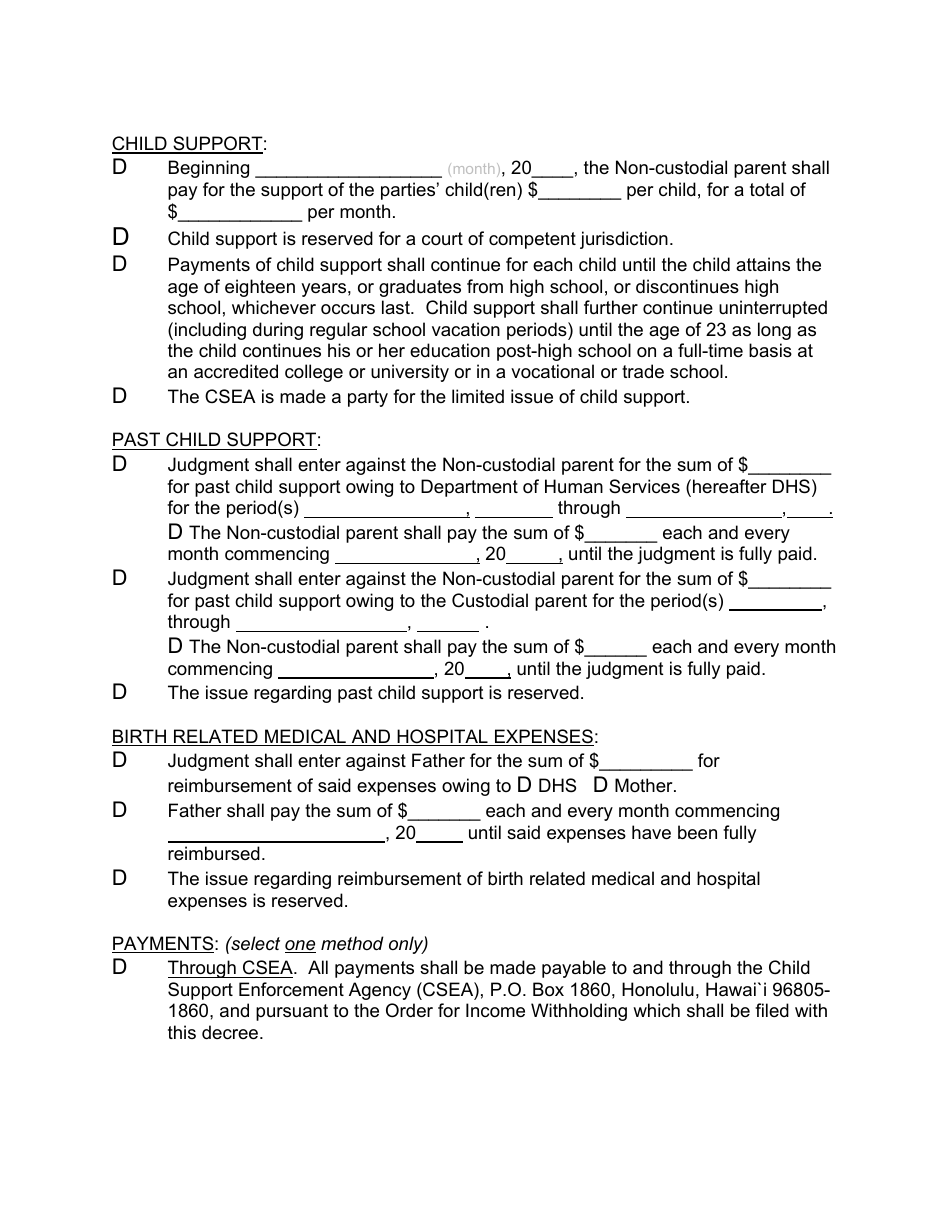 Form 2F-P-458 Order Re: Custody, Visitation, Support After Voluntary Establishment of Paternity - Hawaii, Page 4