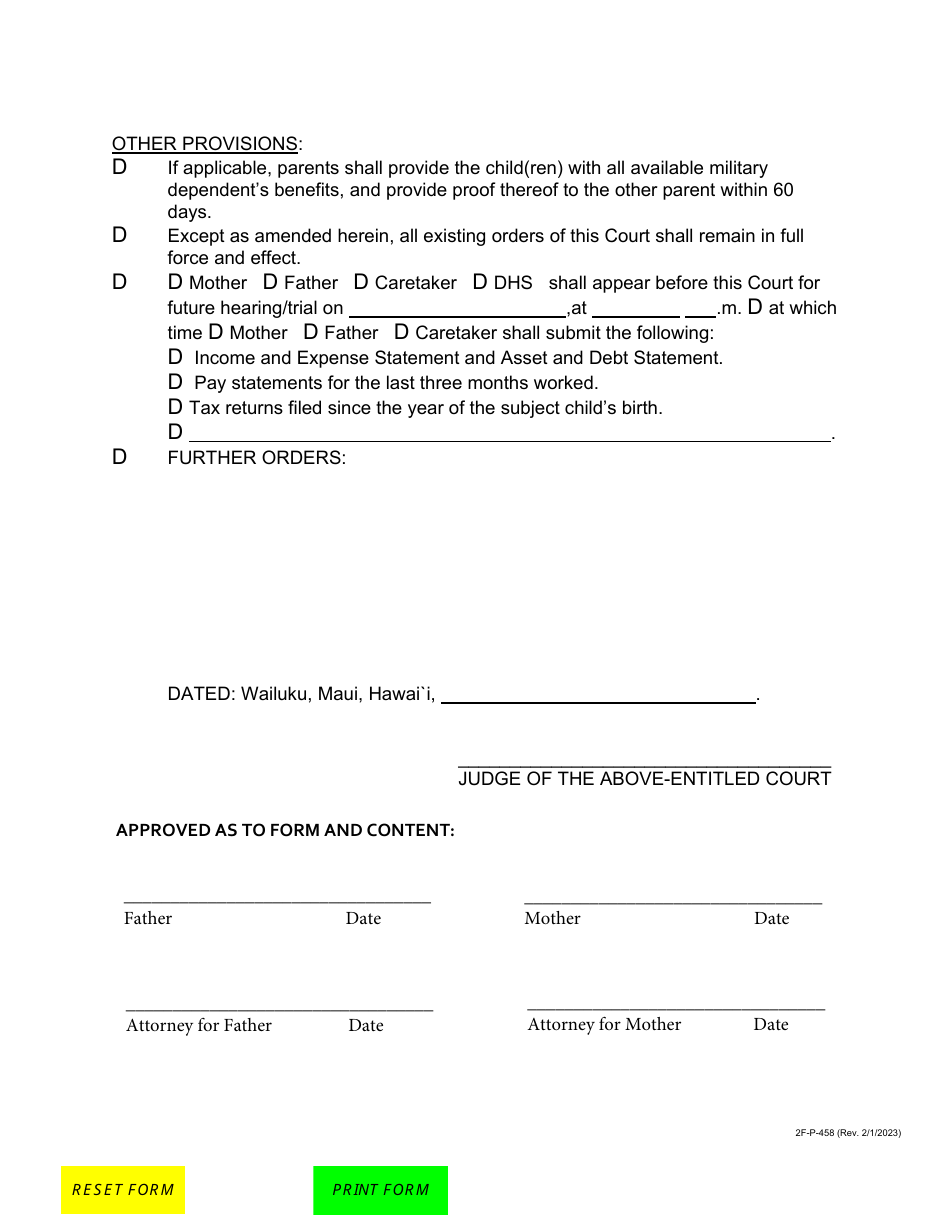 Form 2F-P-458 Order Re: Custody, Visitation, Support After Voluntary Establishment of Paternity - Hawaii, Page 6