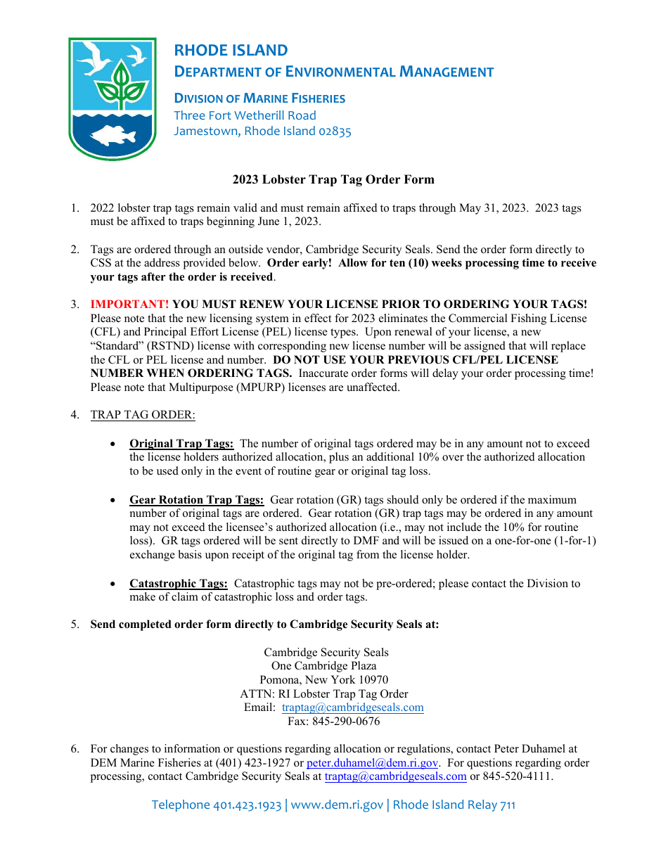Lobster Trap Tag Order Form - Rhode Island, Page 1
