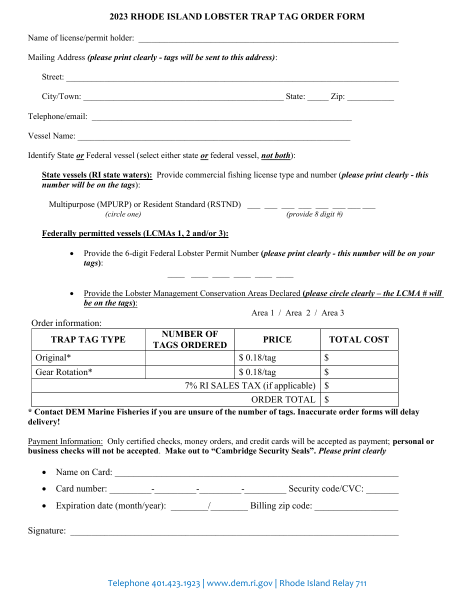 Lobster Trap Tag Order Form - Rhode Island, Page 2