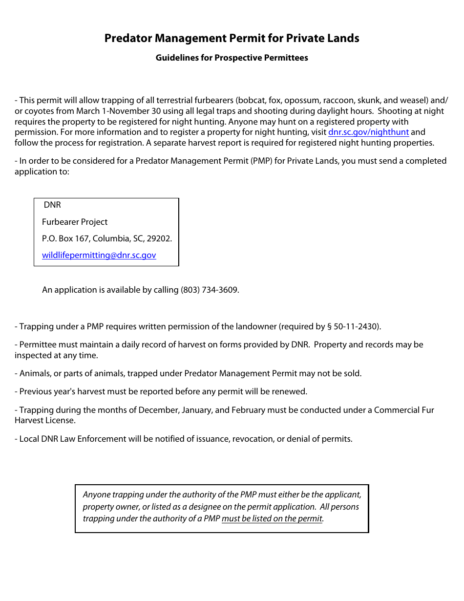 Predator Management Permit for Private Lands Application - South Carolina, Page 2