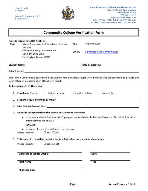 Community College Verification Form - Maine Download Pdf