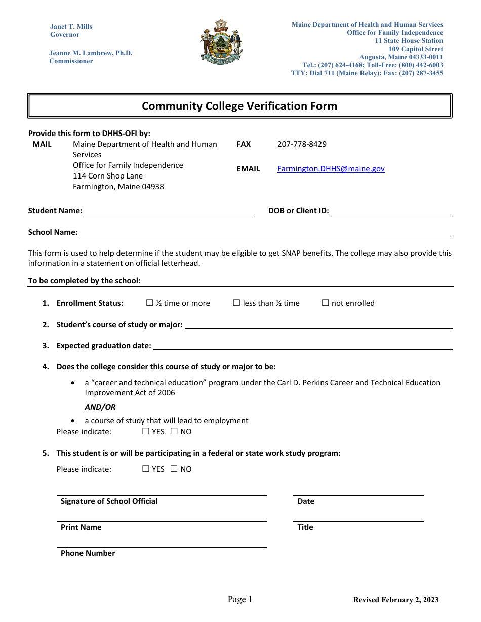 Community College Verification Form - Maine, Page 1