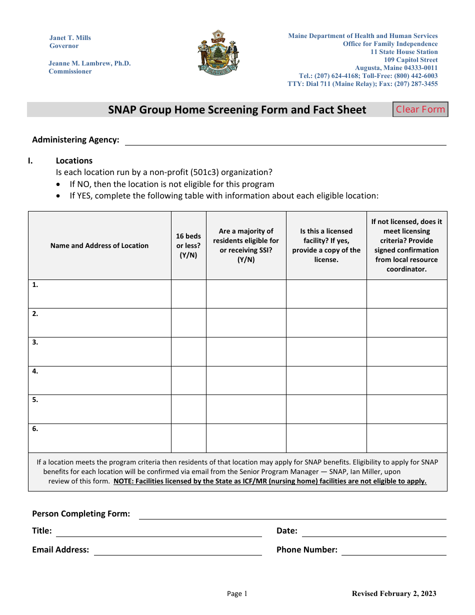 Snap Group Home Screening Form and Fact Sheet - Maine, Page 1