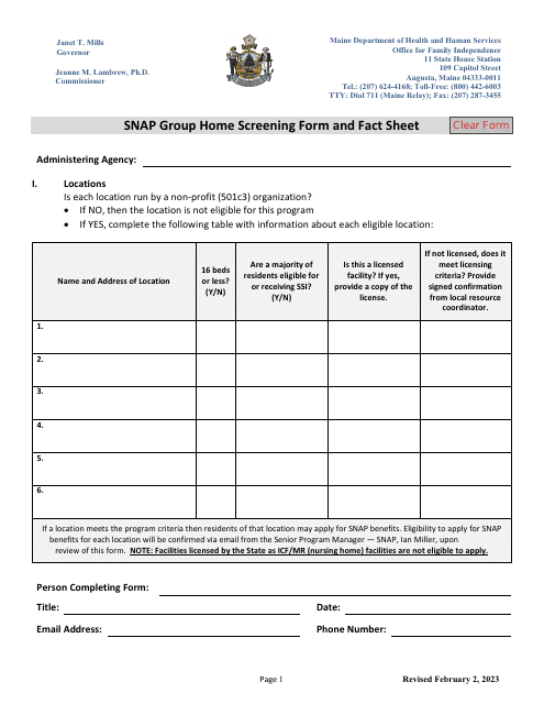 Snap Group Home Screening Form and Fact Sheet - Maine