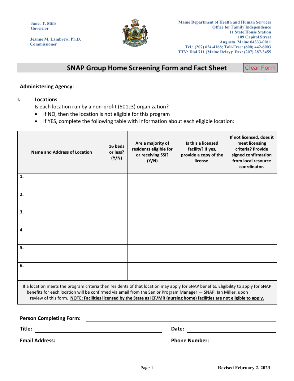 Maine Snap Group Home Screening Form and Fact Sheet Fill Out, Sign