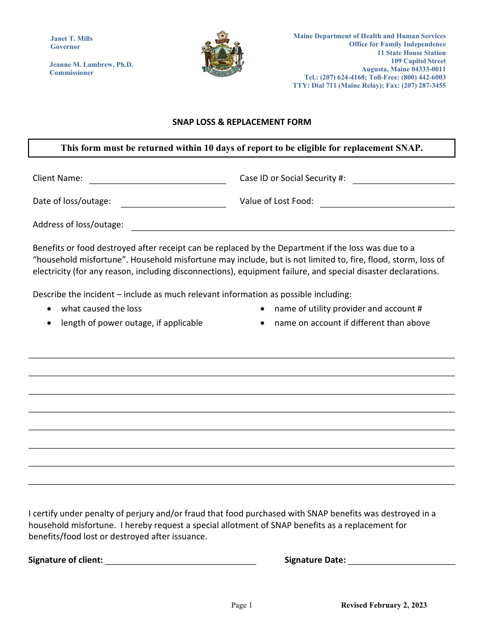 Snap Loss  Replacement Form - Maine, Page 1