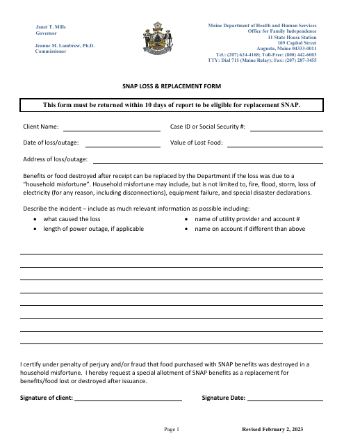 Snap Loss & Replacement Form - Maine Download Pdf