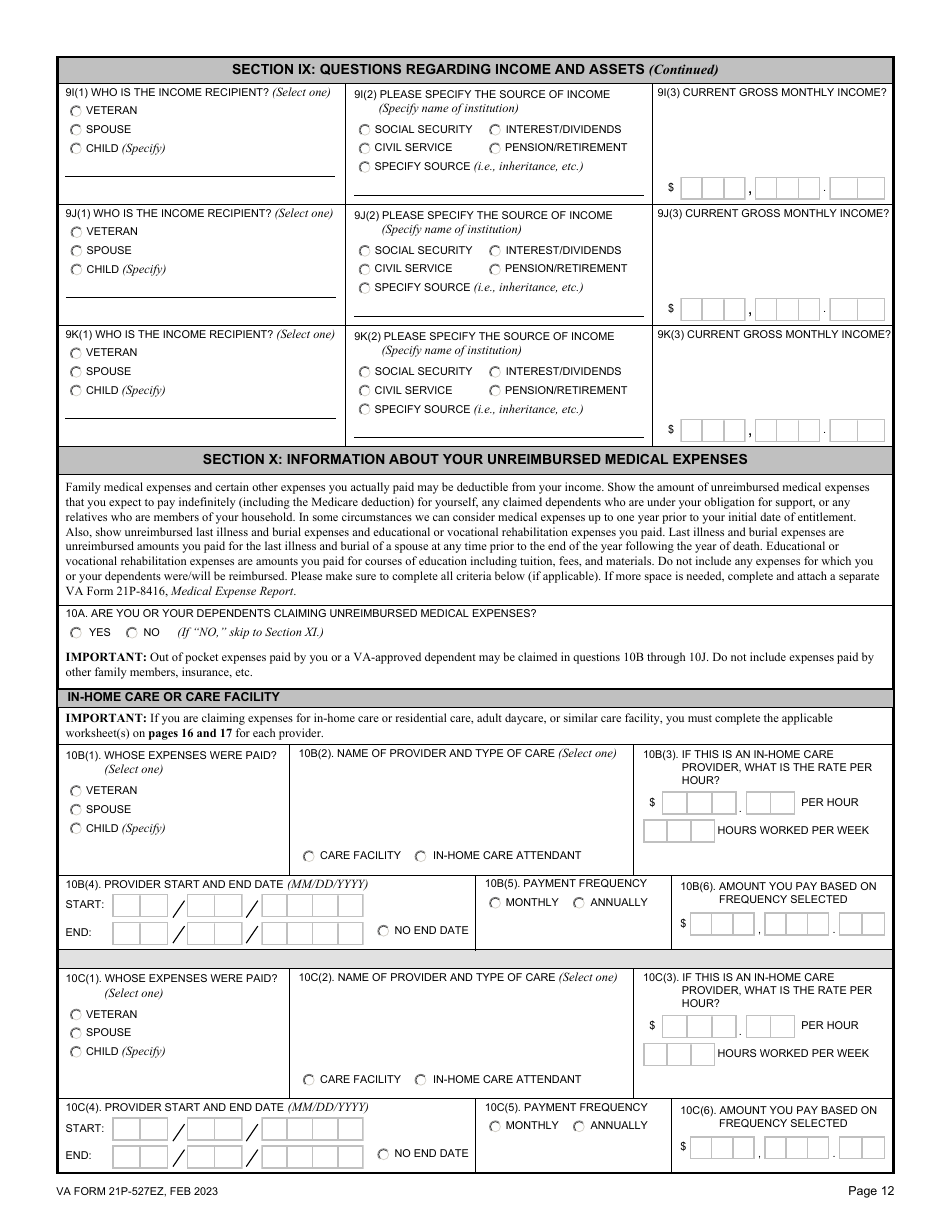 VA Form 21P-527EZ Application for Veterans Pension, Page 12
