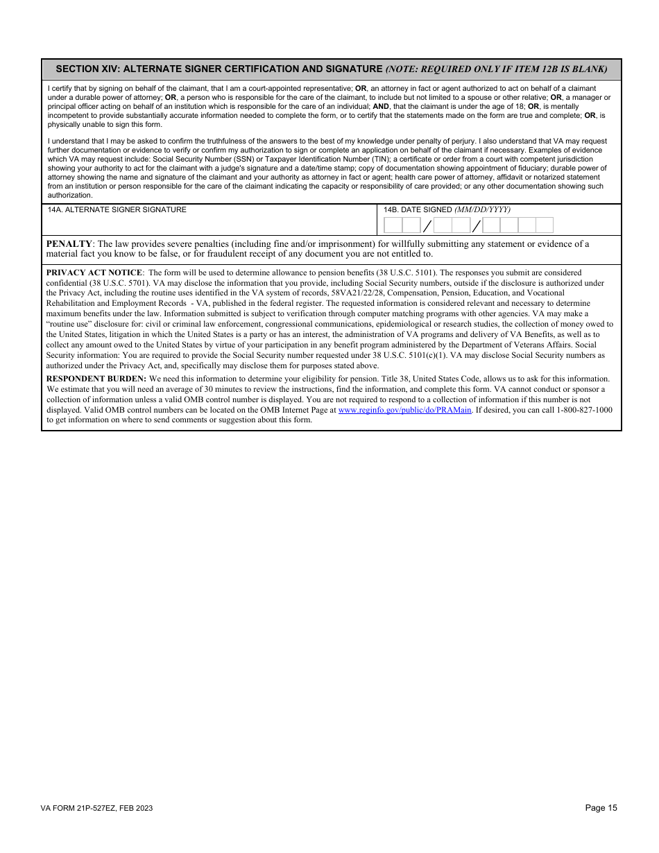 VA Form 21P-527EZ Application for Veterans Pension, Page 15