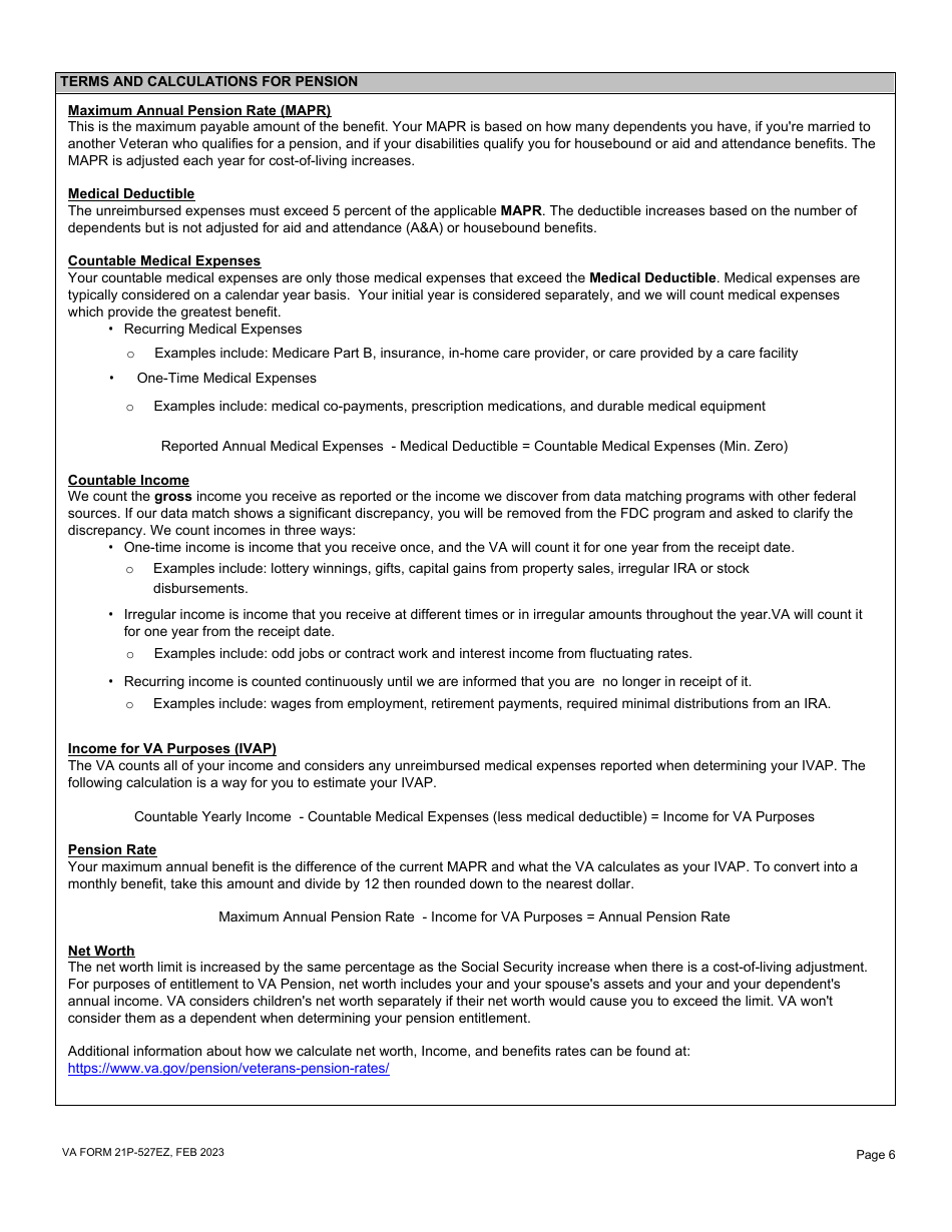 VA Form 21P-527EZ Application for Veterans Pension, Page 6