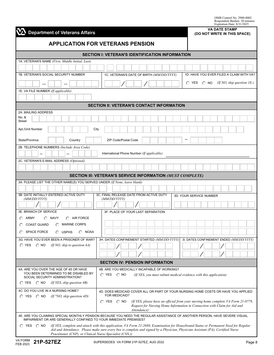 VA Form 21P-527EZ Download Fillable PDF or Fill Online Application for ...