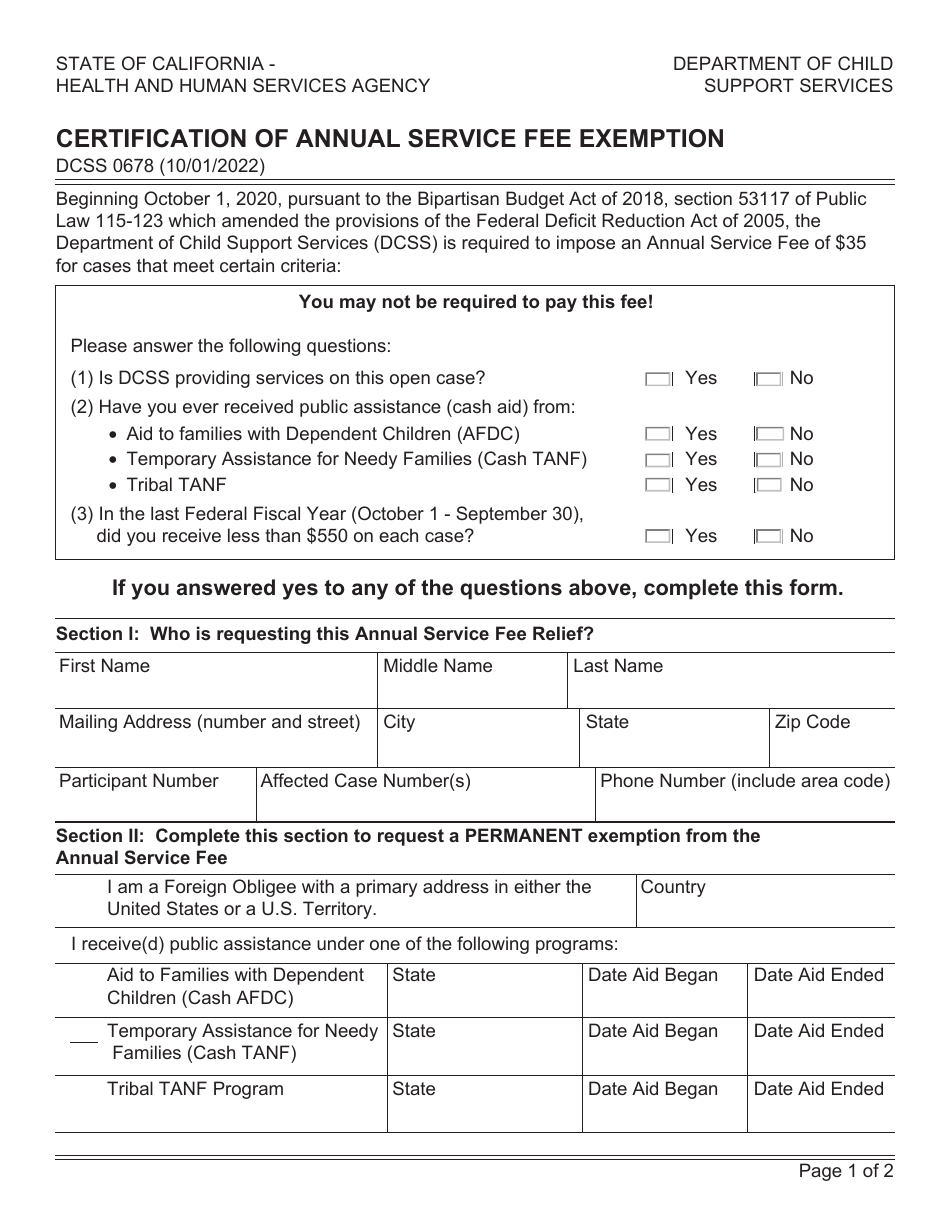 Form DCSS0678 Certification of Annual Service Fee Exemption - California, Page 1