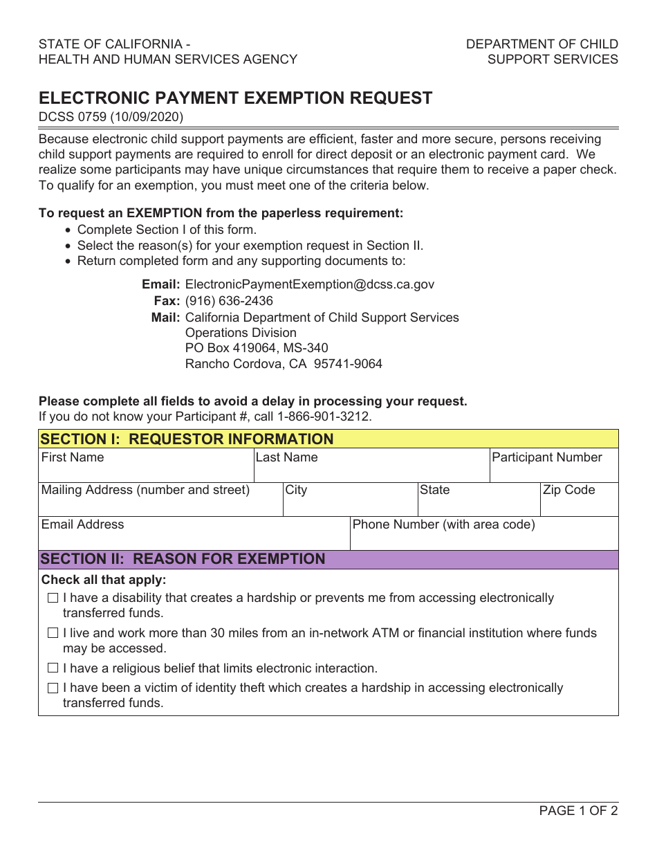 Form DCSS0759 Electronic Payment Exemption Request - California, Page 1