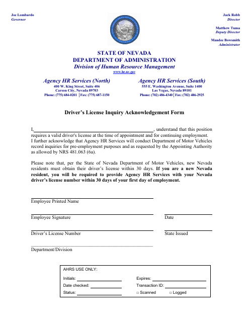 Driver's License Inquiry Acknowledgement Form - Nevada