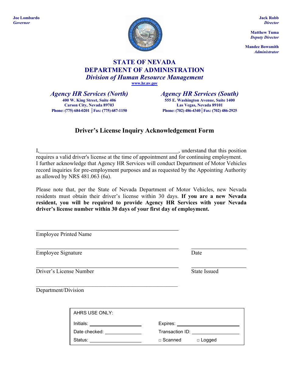 Drivers License Inquiry Acknowledgement Form - Nevada, Page 1