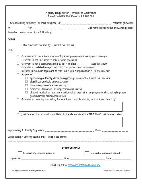 Form HR-52 Agency Request for Removal of Grievance Based on Nrs 284.384 or Nrs 288.505 - Nevada