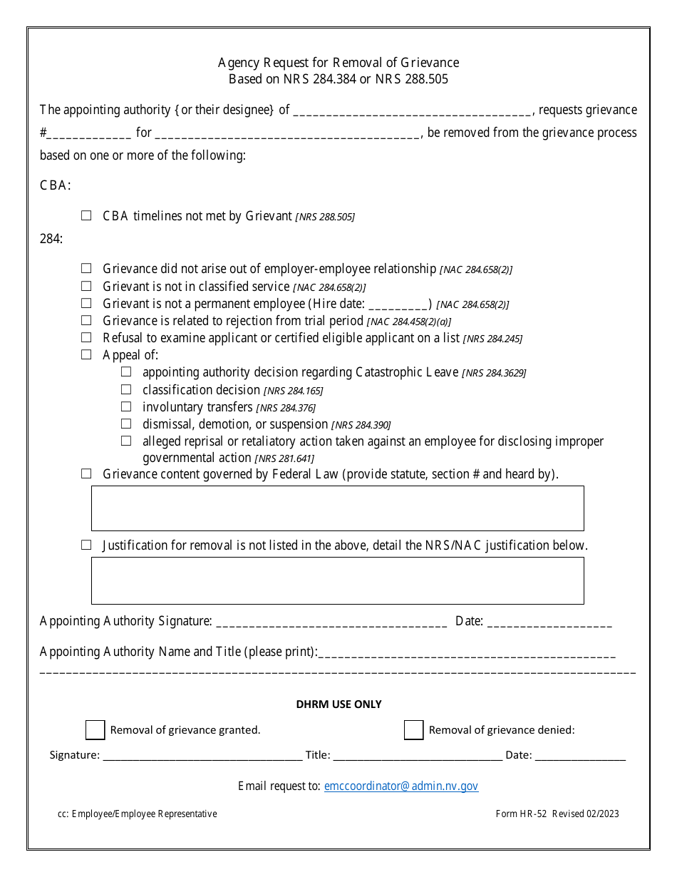 Form HR-52 Agency Request for Removal of Grievance Based on Nrs 284.384 or Nrs 288.505 - Nevada, Page 1