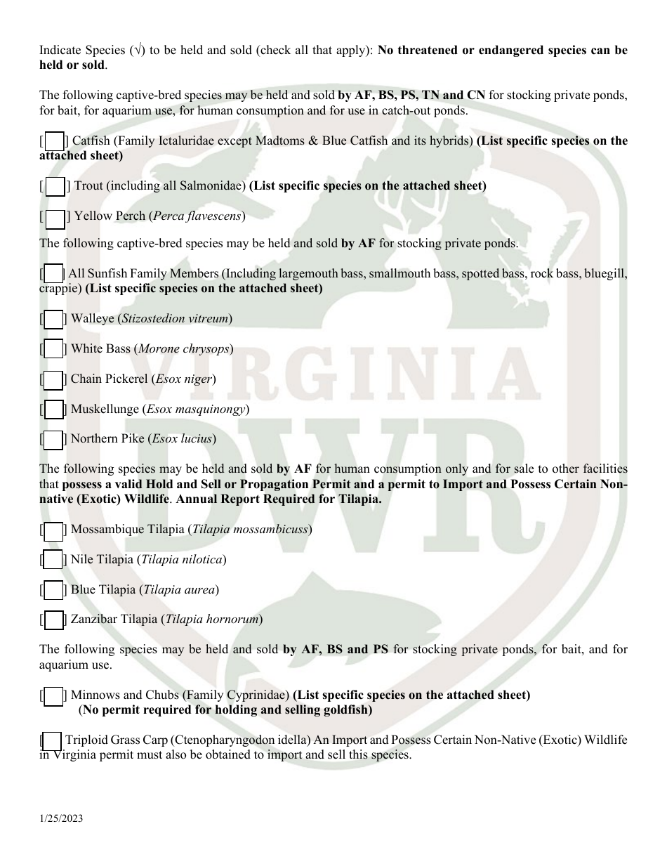 Application for Permit to Hold and Sell Certain Fish, Snakes, Snapping Turtles,  Hellgrammites for Sale (20  21 - Hold) - Virginia, Page 2
