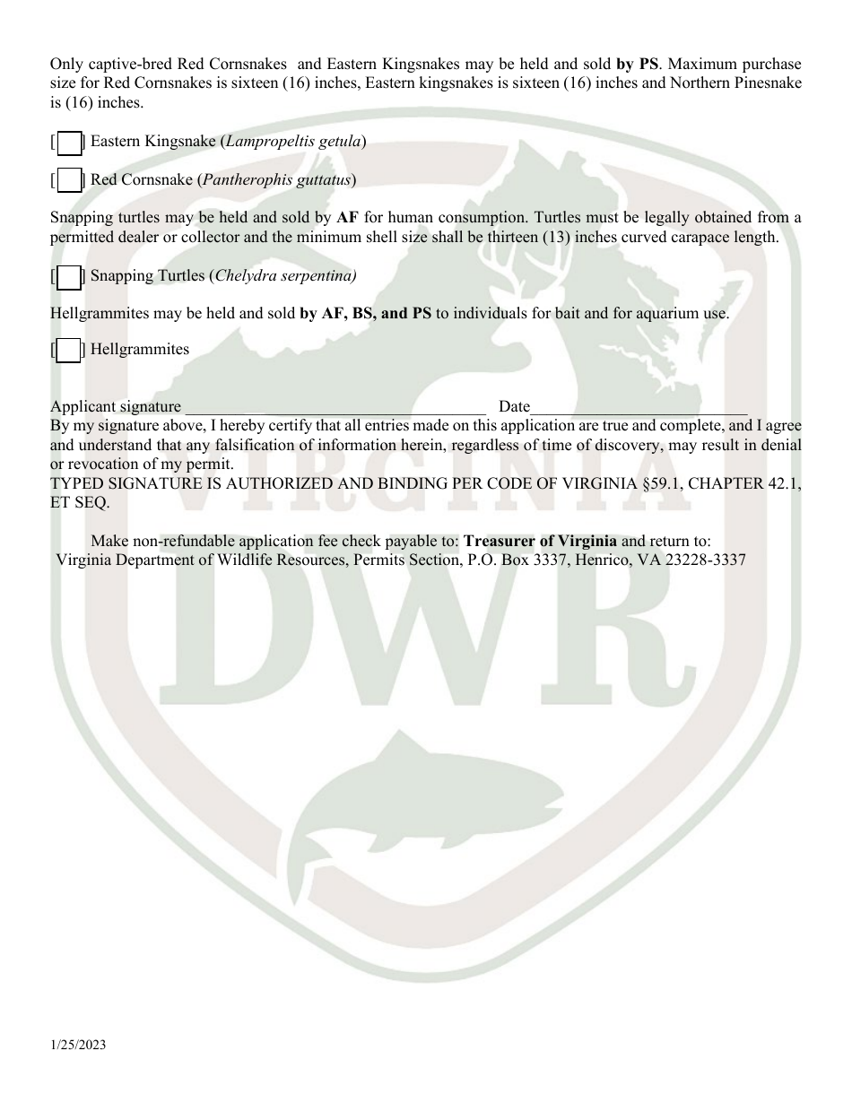 Application for Permit to Hold and Sell Certain Fish, Snakes, Snapping Turtles,  Hellgrammites for Sale (20  21 - Hold) - Virginia, Page 3