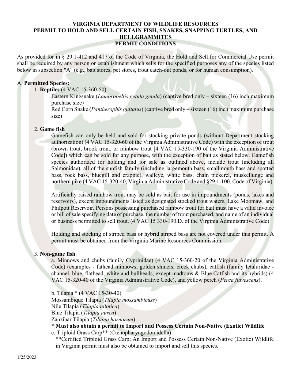 Application for Permit to Hold and Sell Certain Fish, Snakes, Snapping Turtles,  Hellgrammites for Sale (20  21 - Hold) - Virginia, Page 5