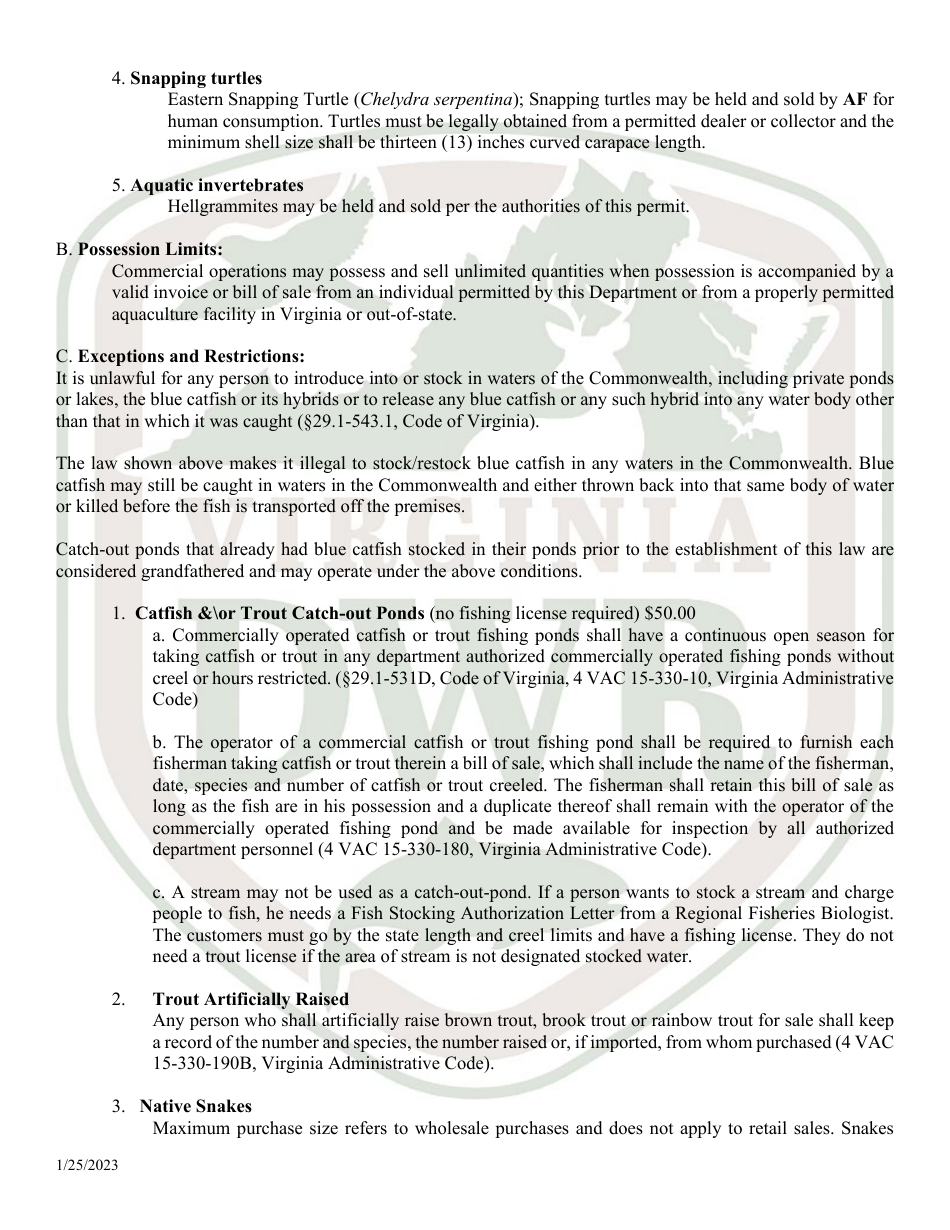 Application for Permit to Hold and Sell Certain Fish, Snakes, Snapping Turtles,  Hellgrammites for Sale (20  21 - Hold) - Virginia, Page 6