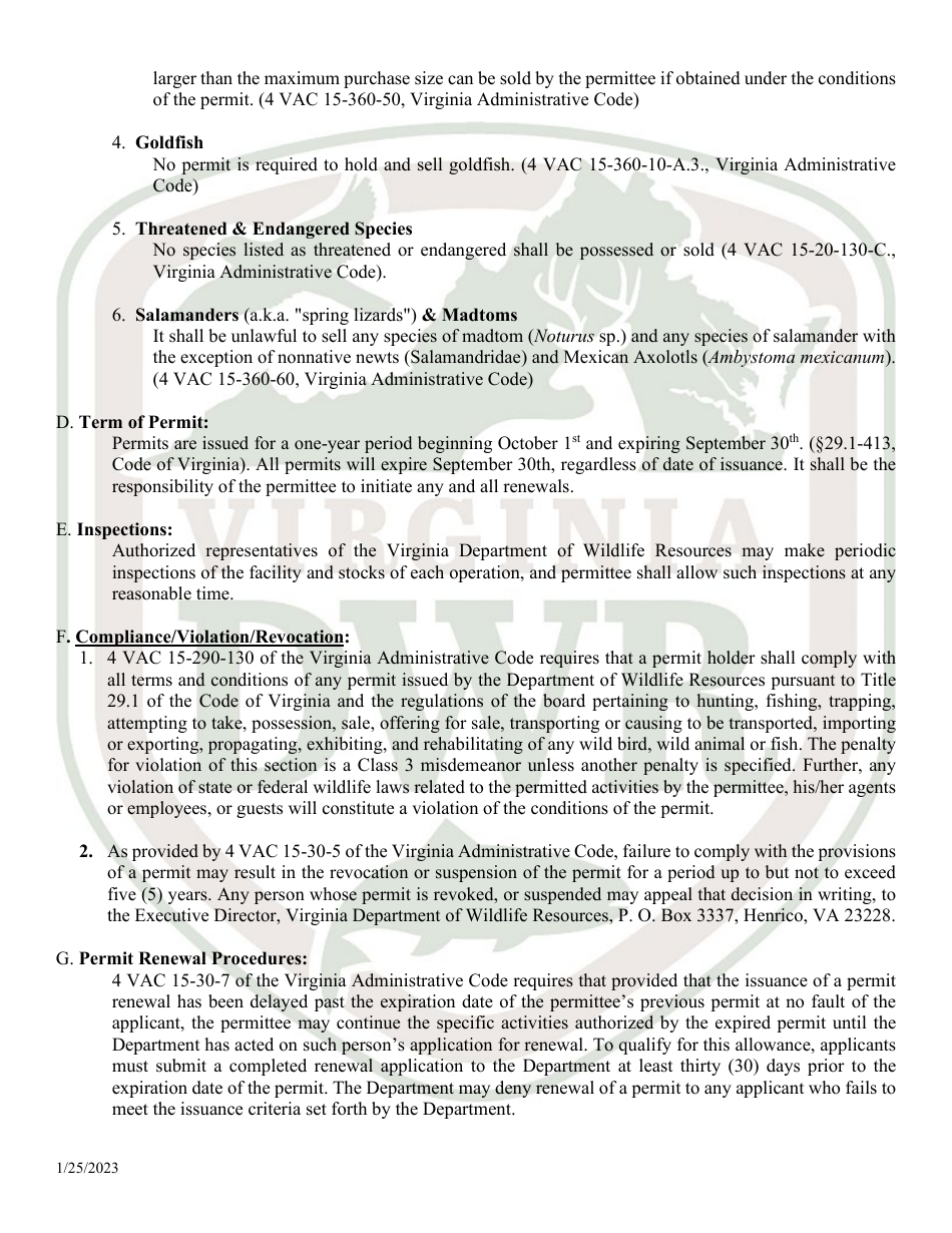 Application for Permit to Hold and Sell Certain Fish, Snakes, Snapping Turtles,  Hellgrammites for Sale (20  21 - Hold) - Virginia, Page 7